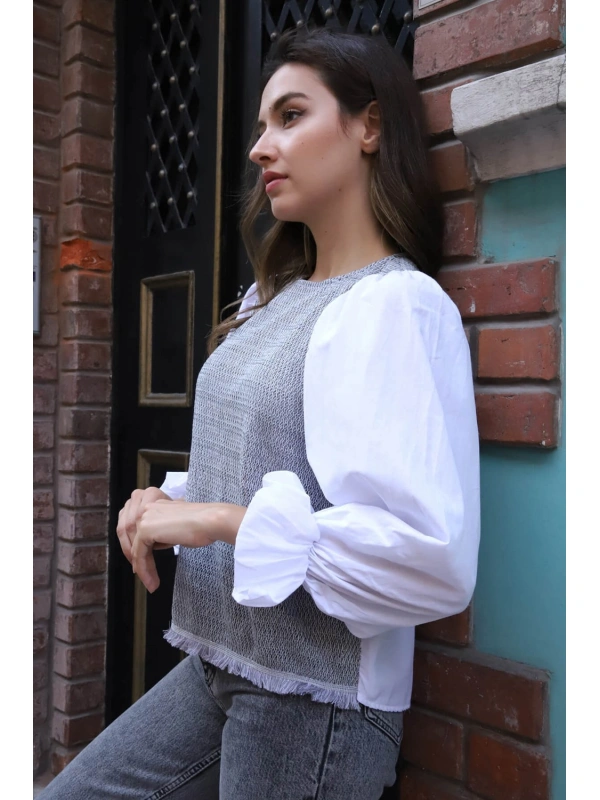Balon Kol Bluz - BEYAZ