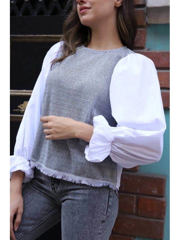 Balon Kol Bluz - BEYAZ