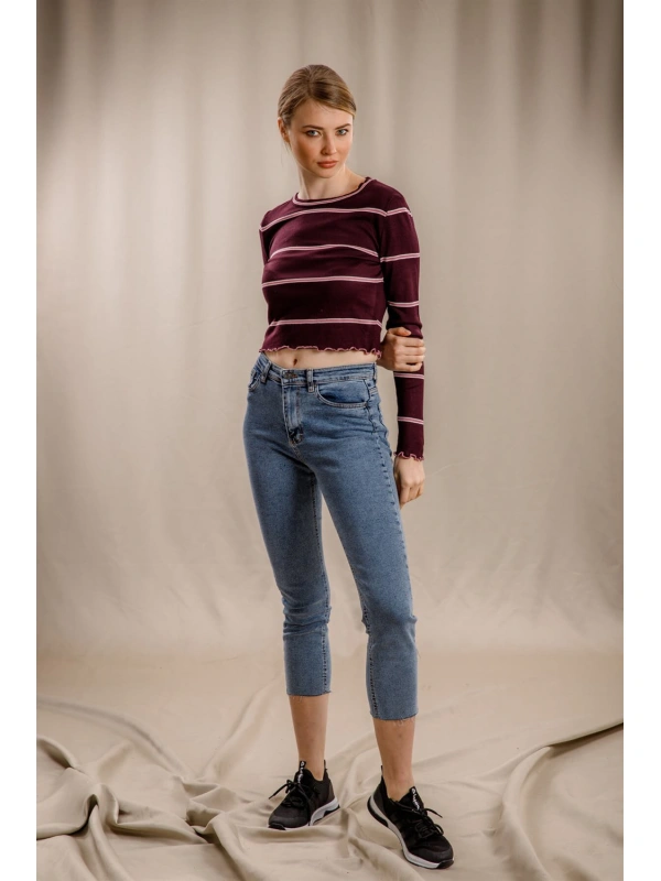 Çizgili Crop Triko - BORDO