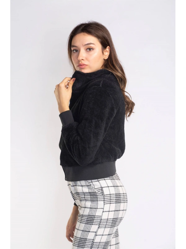 Fermuarlı Mevsimlik Peluş Ceket-SİYAH