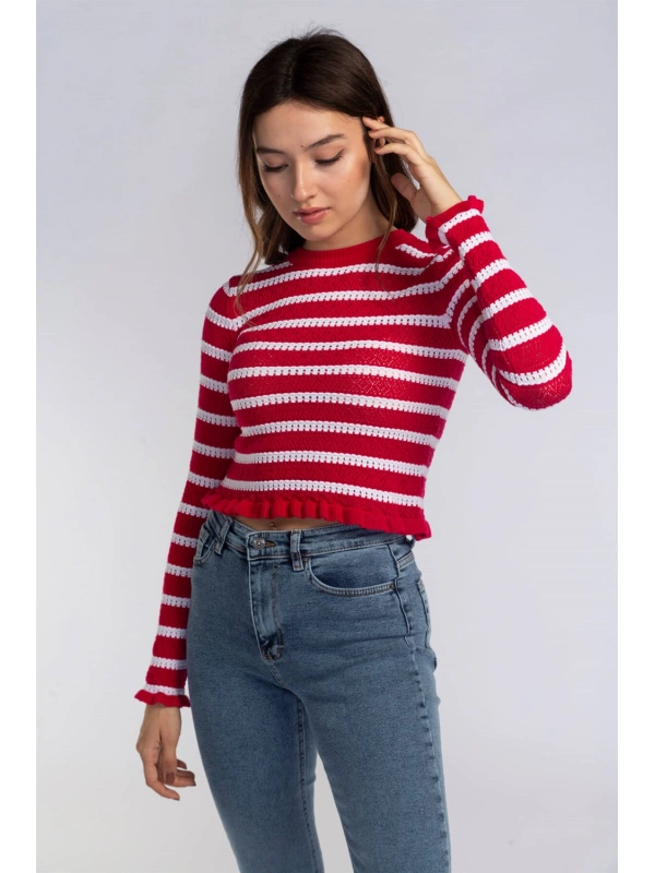 Fırfır Detaylı Çizgili Triko Bluz-KIRMIZI