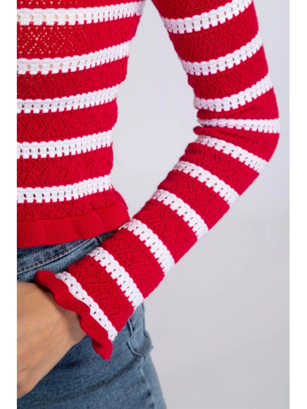 Fırfır Detaylı Çizgili Triko Bluz-KIRMIZI