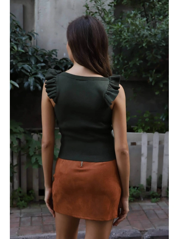 Fırfır Detaylı Triko Bluz - HAKİ