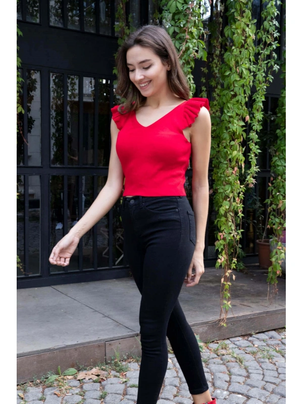 Fırfır Detaylı Triko Bluz - KIRMIZI