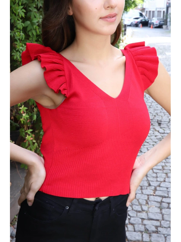 Fırfır Detaylı Triko Bluz - KIRMIZI
