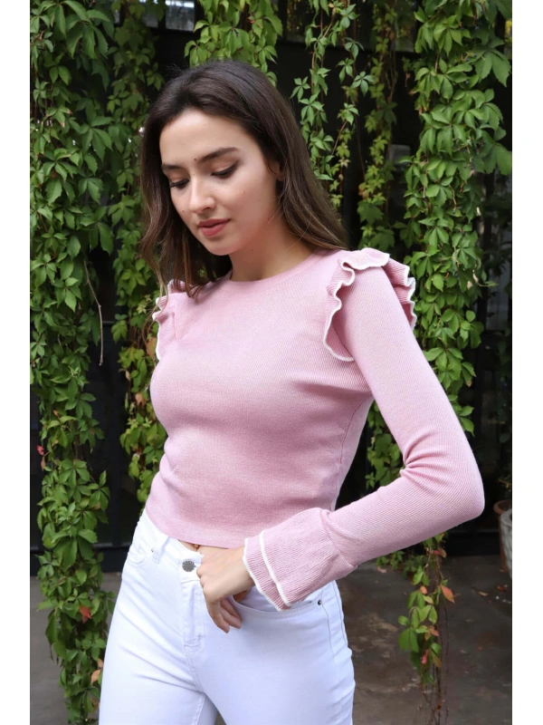 Fırfır Detaylı Triko Bluz - TOZ PEMBE