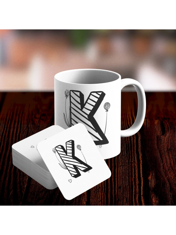 K Harfi Tasarımlı Kupa ve Bardak Altlığı Seti