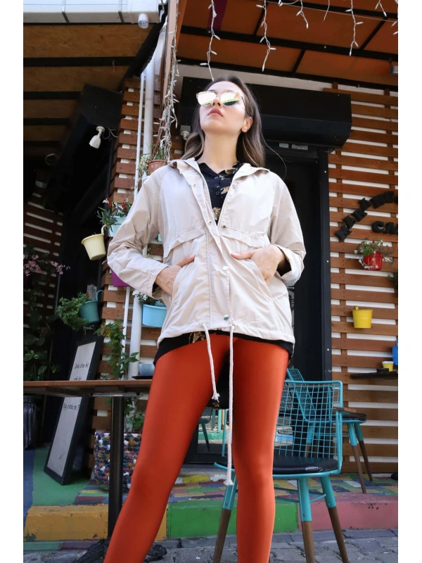 Kapüşonlu Kordonlu Yağmurluk- BEJ