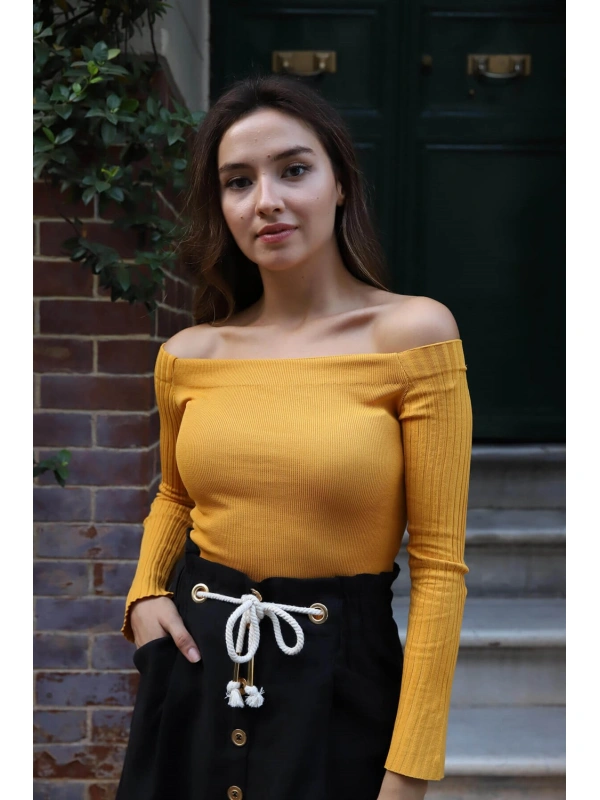 Kayık Yaka Triko Bluz - HARDAL