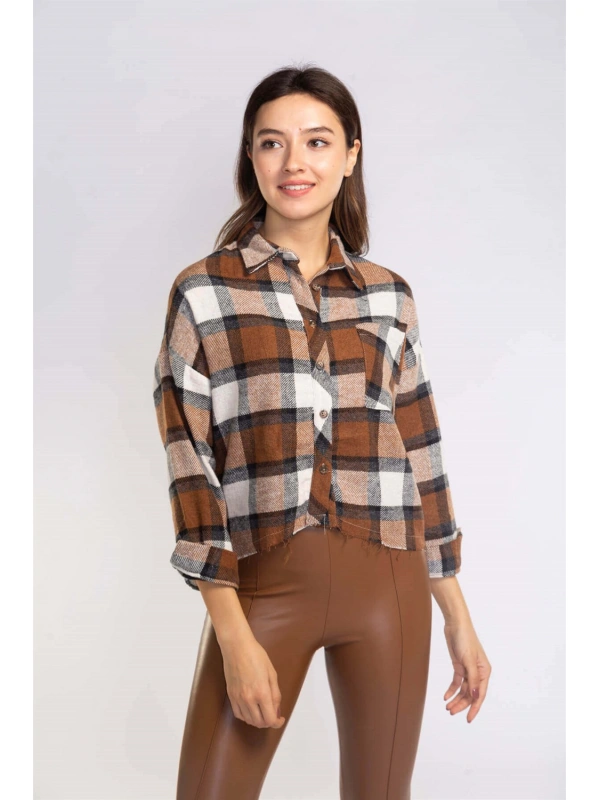 Kesik Uçlu Ekose Gömlek-KAHVERENGİ