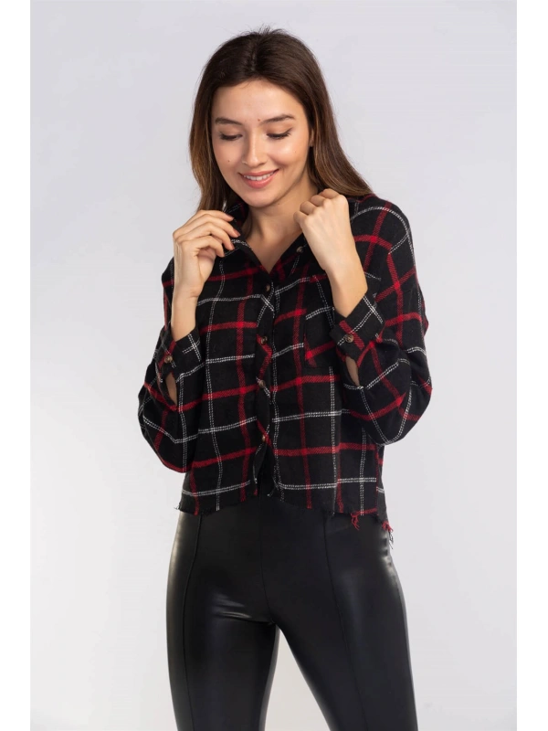 Kesik Uçlu Ekose Gömlek-SİYAH