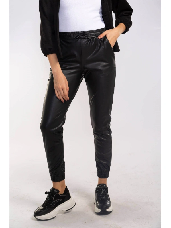 Lastikli Cepli Deri Pantolon-SİYAH