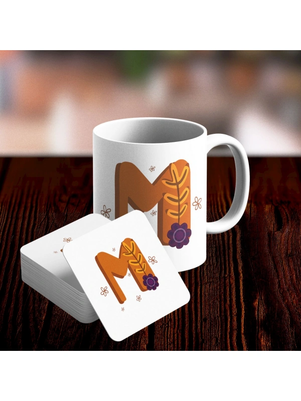 M Harfi Tasarımlı Kupa ve Bardak Altlığı Seti