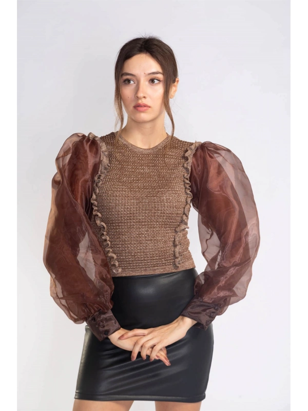 Organze Balon Kol Bluz-KAHVERENGİ
