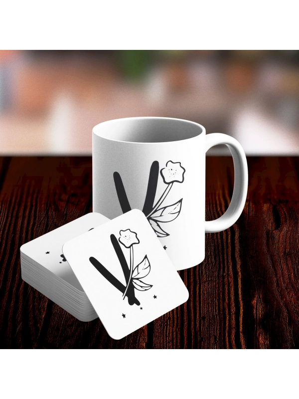 V Harfi Tasarımlı Kupa ve Bardak Altlığı Seti