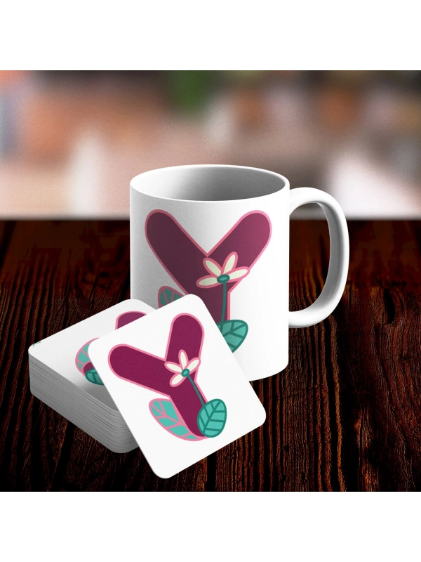 Y Harfi Tasarımlı Kupa ve Bardak Altlığı Seti