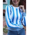 Çizgili Tasarım Triko Bluz - MAVİ