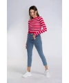 Fırfır Detaylı Çizgili Triko Bluz-KIRMIZI