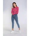 Fırfır Detaylı Çizgili Triko Bluz-KIRMIZI