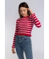 Fırfır Detaylı Çizgili Triko Bluz-KIRMIZI