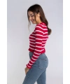 Fırfır Detaylı Çizgili Triko Bluz-KIRMIZI