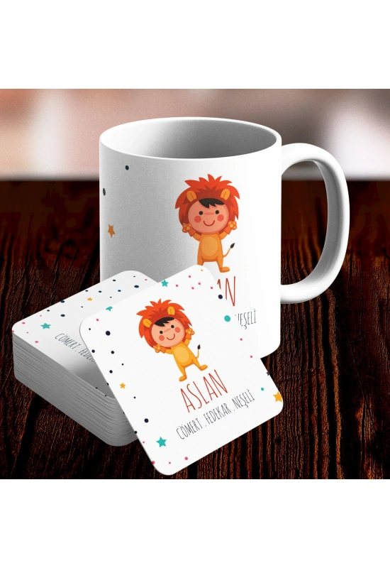 Aslan Burcu Özel Sevimli Kupa ve Altlık Seti