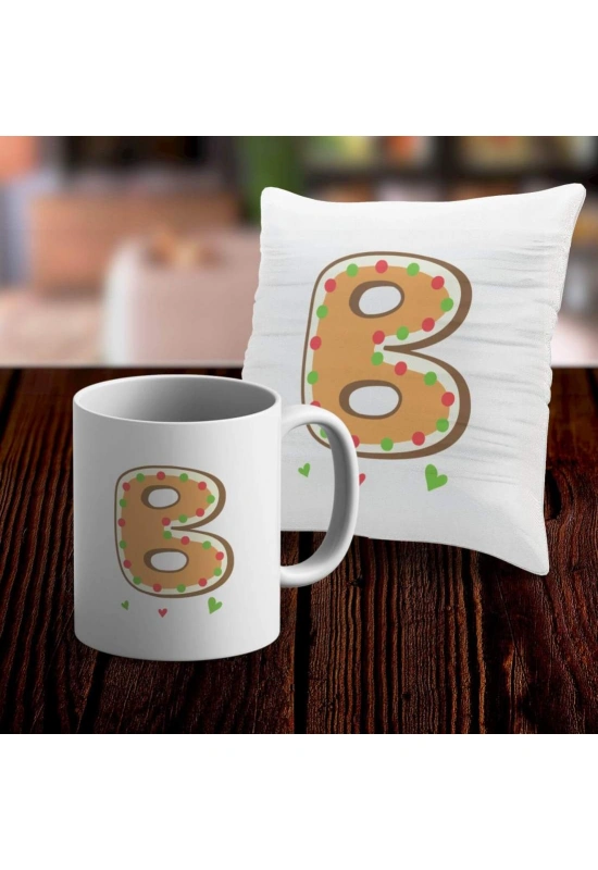 B Harfi Tasarımlı Kupa ve Yastık Kılıfı Hediye Seti
