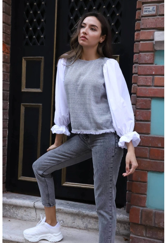 Balon Kol Bluz - BEYAZ