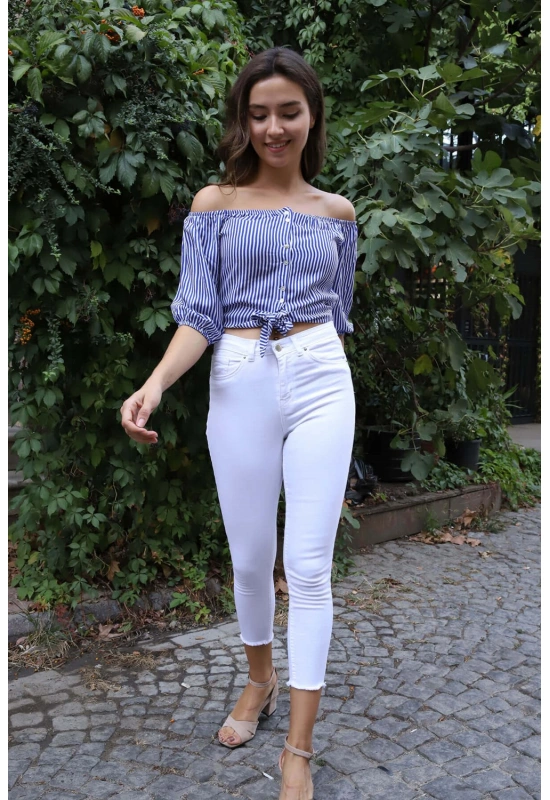 Belden Bağlamalı Bluz - MAVİ