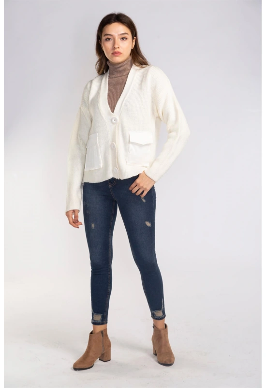 Cep ve Düğme Detaylı Hırka-EKRU