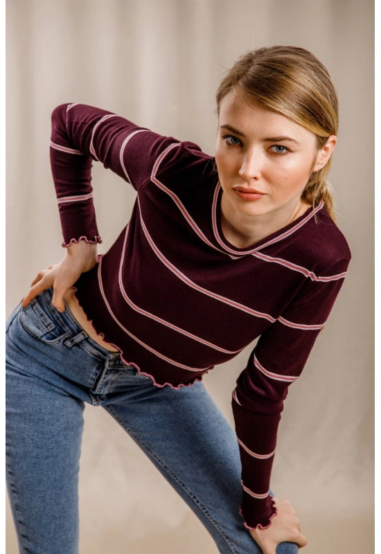 Çizgili Crop Triko - BORDO