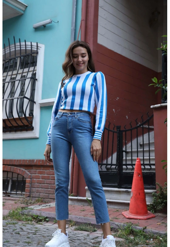 Çizgili Tasarım Triko Bluz - MAVİ