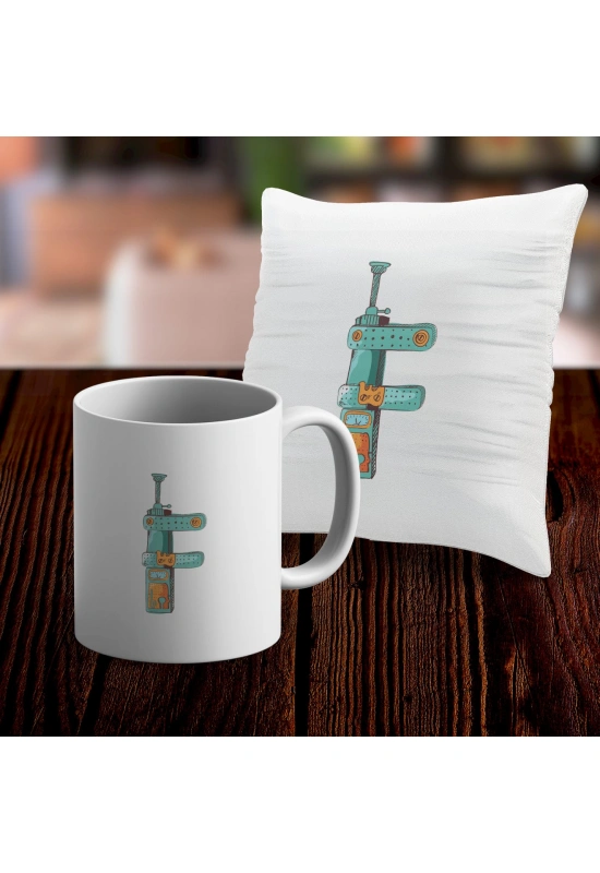 F Harfi Tasarımlı Kupa ve Yastık Kılıfı Hediye Seti