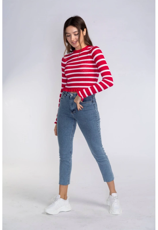 Fırfır Detaylı Çizgili Triko Bluz-KIRMIZI