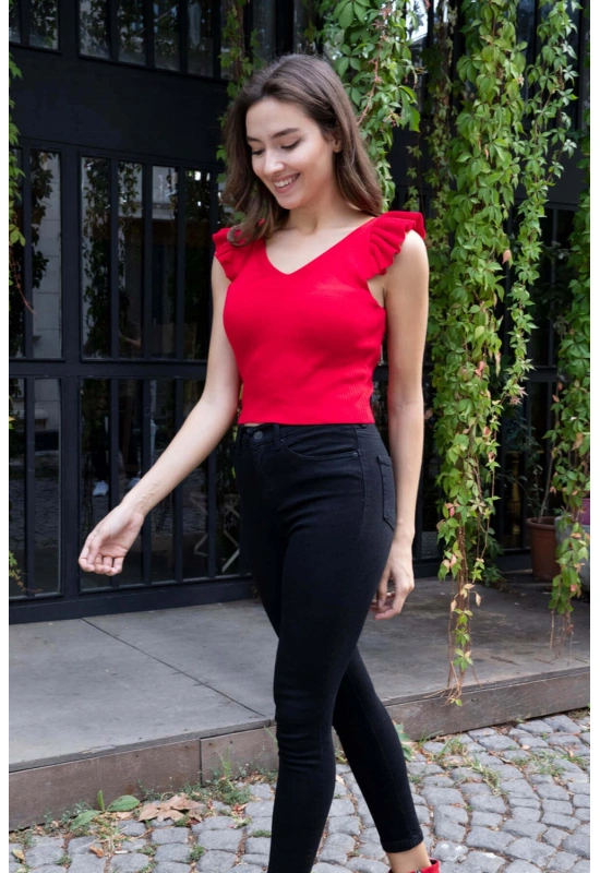 Fırfır Detaylı Triko Bluz - KIRMIZI