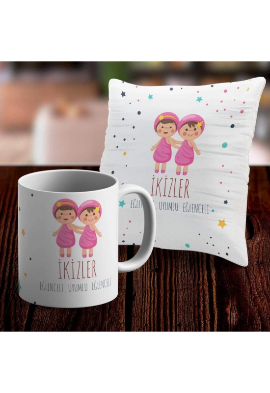 İkizler Tasarımlı Sevimli Kupa ve Yastık Kılıfı Seti