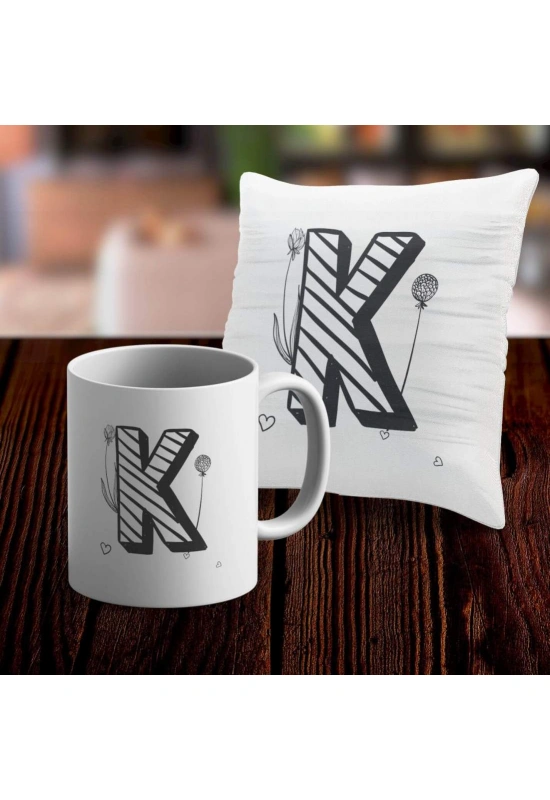 K Harfi Tasarımlı Kupa ve Yastık Kılıfı Hediye Seti
