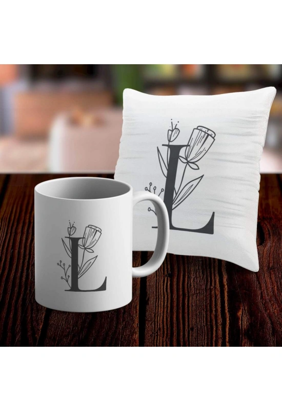 L Harfi Tasarımlı Kupa ve Yastık Kılıfı Hediye Seti