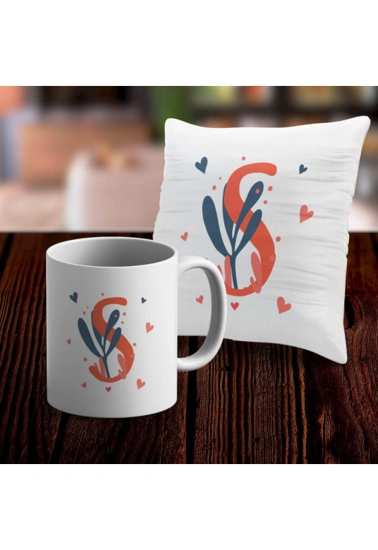 S Harfi Tasarımlı Kupa ve Yastık Kılıfı Hediye Seti