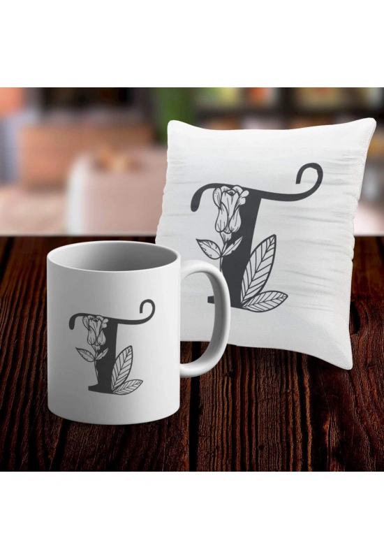 T Harfi Tasarımlı Kupa ve Yastık Kılıfı Hediye Seti