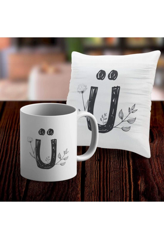 Ü Harfi Tasarımlı Kupa ve Yastık Kılıfı Hediye Seti