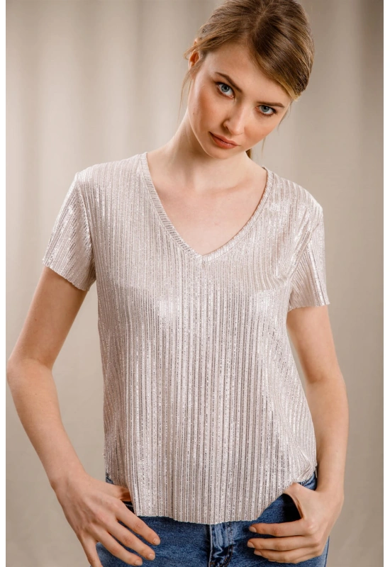 V Yaka Tasarım T-shirt-KREM