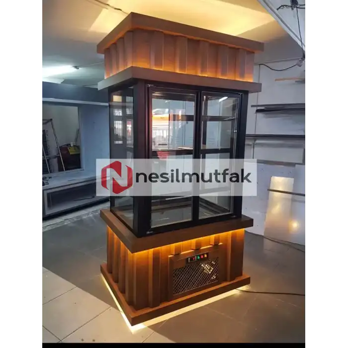 Dik Model Ahşap Dekorlu Pasta Dolabı