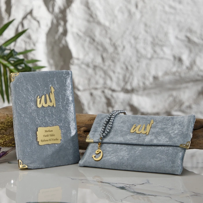 64 Sayfa Gri Çanta ve İnci Tesbihli Kadife Yasin