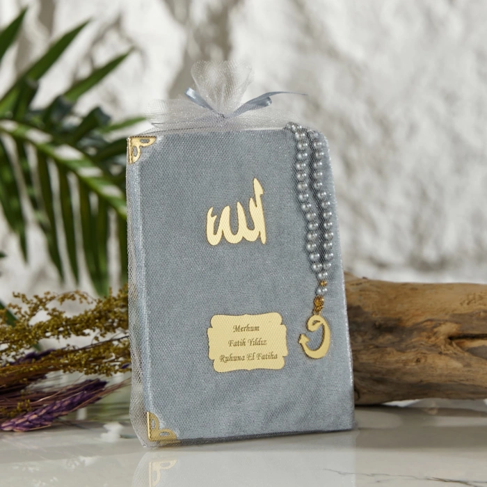 64 Sayfa Gri Kese ve İnci Tesbihli Kadife Yasin