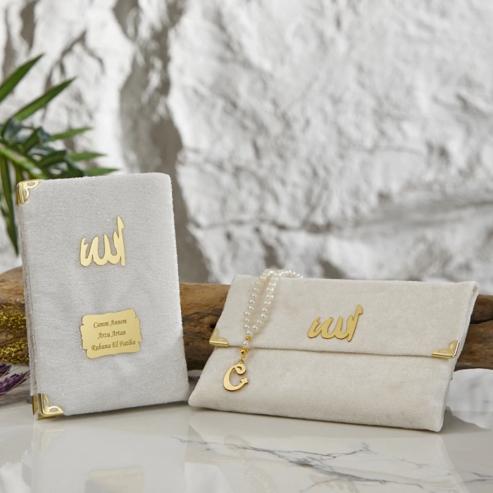 64 Sayfa Krem Çanta ve İnci Tesbihli Kadife Yasin
