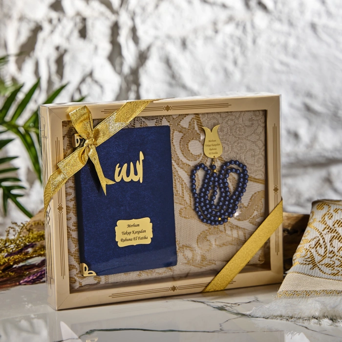 64 Sayfa Lacivert Kadife Yasin + İnci Tesbih + Kutulu Seccade