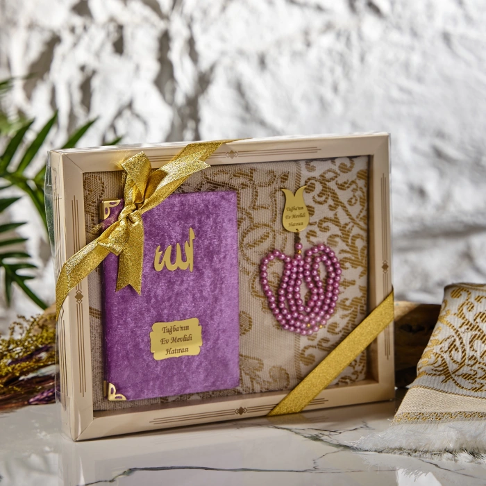 64 Sayfa Lila Kadife Yasin + İnci Tesbih + Kutulu Seccade