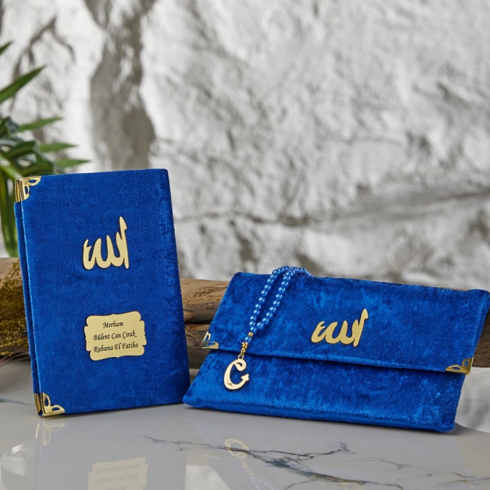 64 Sayfa Saks Mavisi Çanta ve İnci Tesbihli Kadife Yasin