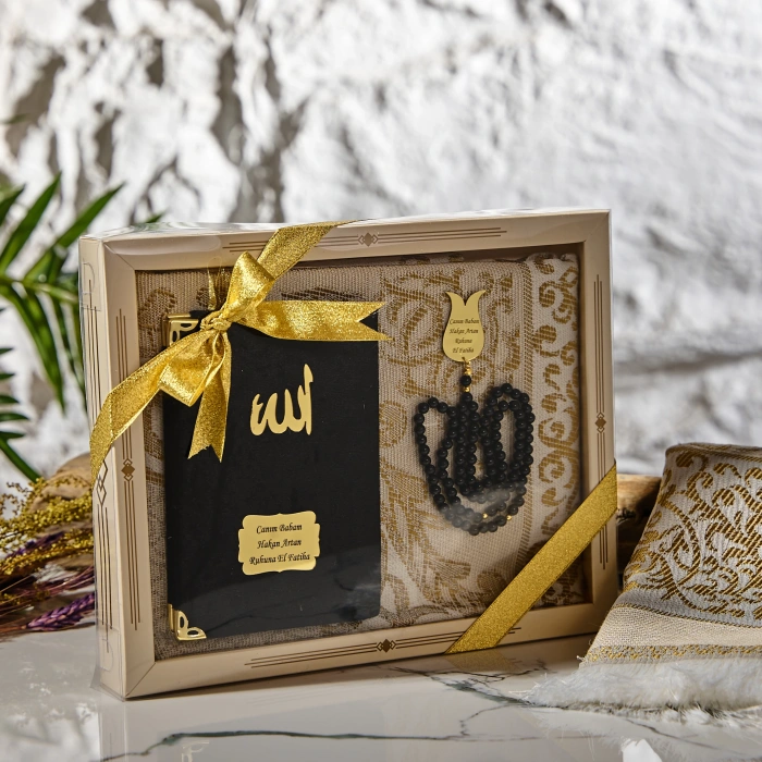 64 Sayfa Siyah Kadife Yasin + İnci Tesbih + Kutulu Seccade